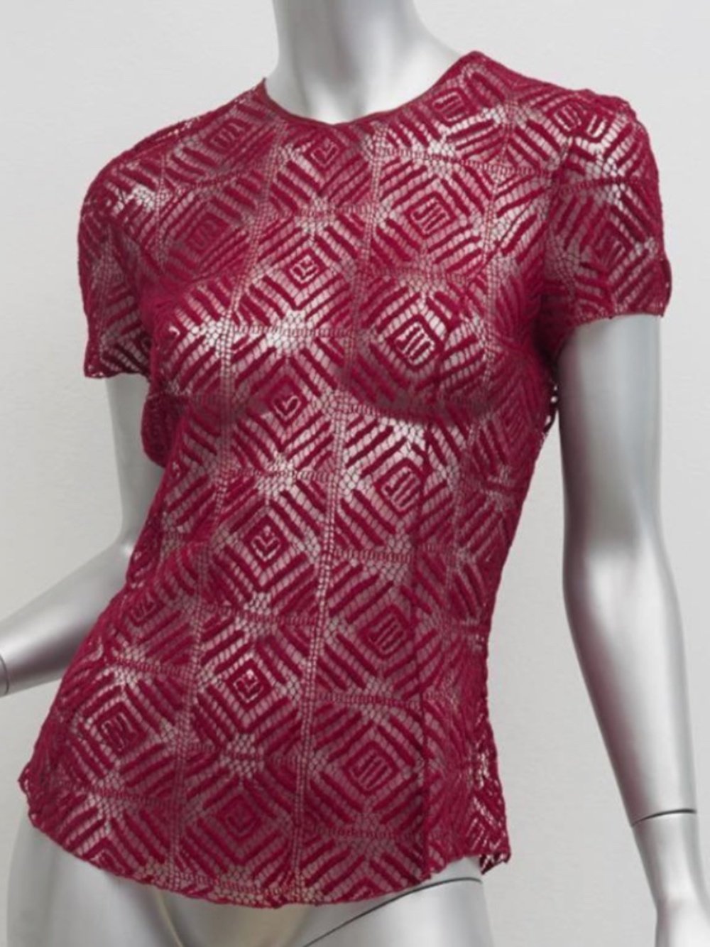 Nina Ricci Barely Worn Beautiful Burgundy Lace Zip Back Top with Grosgrain trim